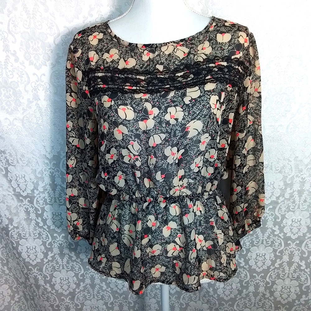 Lily Rose sheer black and beige floral with lace trim women's top size Large